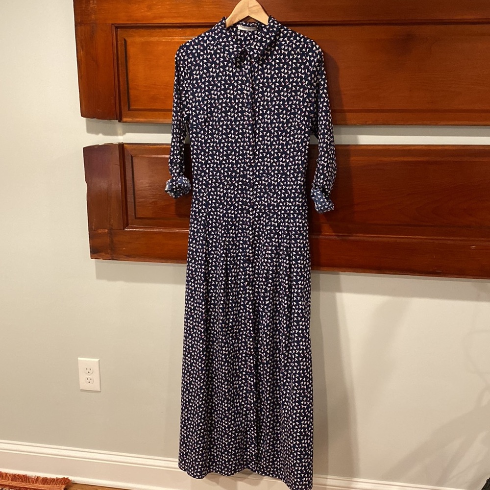 Frnch Navy Blue Dress with Bird Pattern, long dress